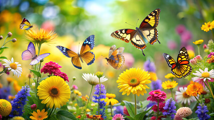 Fototapeta premium Vibrant butterflies flutter among colorful wildflowers in a lively summer garden, showcasing the beauty of nature in full bloom.