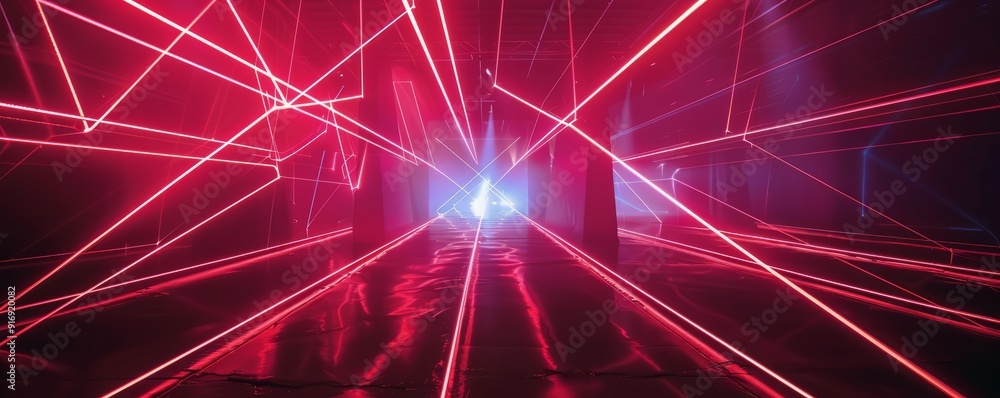 Poster laser beams form intricate geometric patterns in a darkened room, creating a futuristic light show