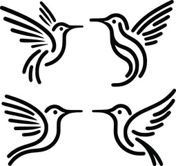 Black hummingbird logo clipart. Isolated tropical small flying bird. Monochrome minimalist bird logo line art.