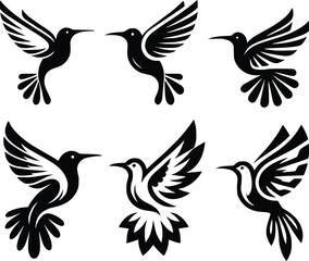 Black hummingbird logo clipart. Isolated tropical small flying bird. Monochrome minimalist bird logo line art.