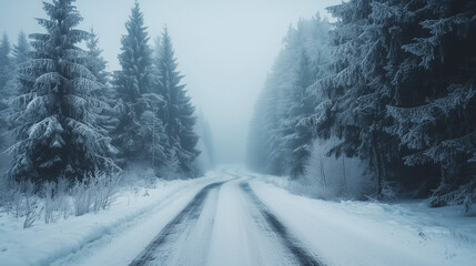 Fototapeta premium Misty winter forest full of spruce trees, with a winding road, in retro and hipster style. Evergreen trees covered in snow and a delicate fog create a beautiful, melancholic landscape.