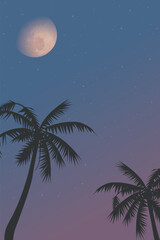 Silhouetted coconut palm trees with half moon and twilight sky vertical background graphic illustration have blank space.