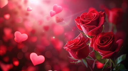 Rose flowers background with hearts on a blurred background as Valentine's day love background