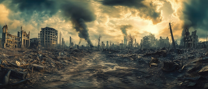 Post apocalyptic landscape with ruined city after nuclear war.