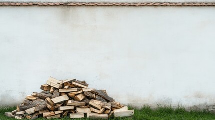 Firewood is neatly stacked against a rustic barn in a peaceful Swiss countryside, complemented by a pile of dry branches and boards ready for use