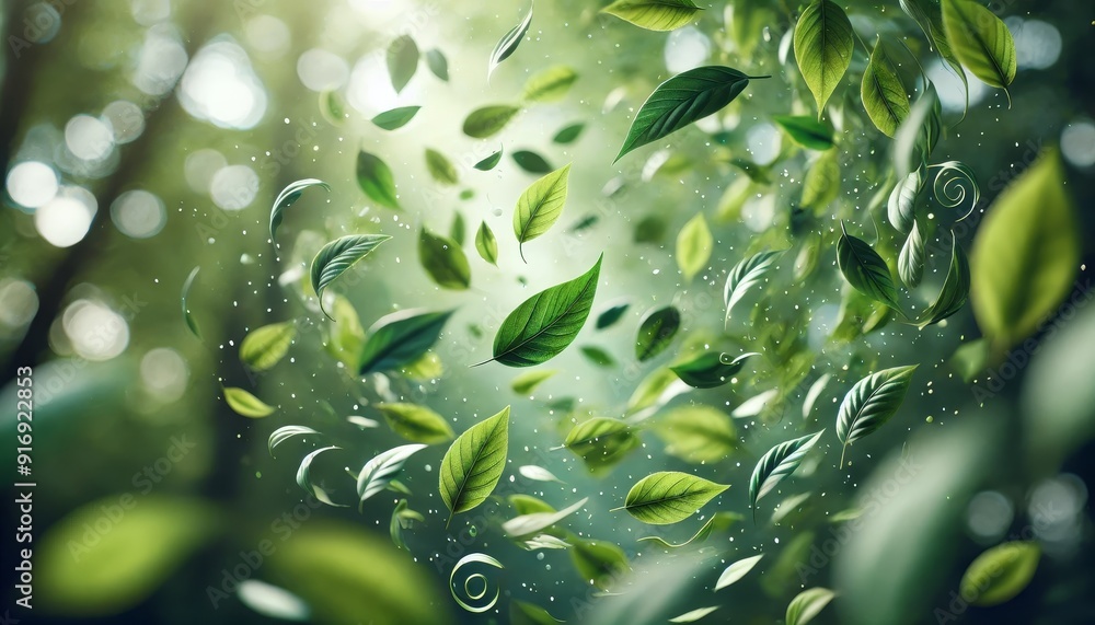 Poster 3d rendering of green leaves swirling in the air with a bokeh forest background
