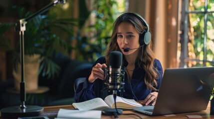 The woman podcasting at desk