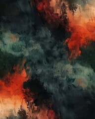 artistic wallpaper background with a dark and obscure aesthetics and dark contrasting green, black and bold orange and red 