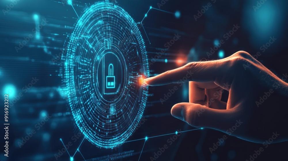 Poster hand interacting with a digital lock icon in a futuristic interface