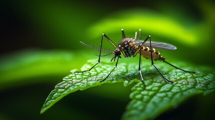 Naklejka premium Close-up photo of a mosquito on a green leaf