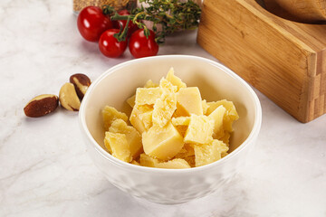 Crushed parmesan cheese in the bowl