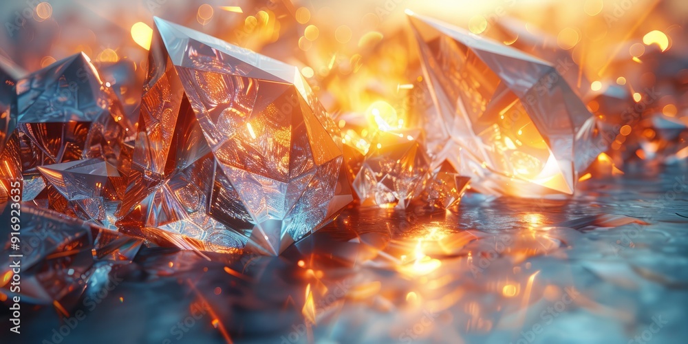 Poster light from a prism fractures reality, creating a kaleidoscope of floating geometric shapes