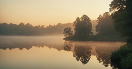 serene lakeside scene at dawn, with mist gently rising from the water.