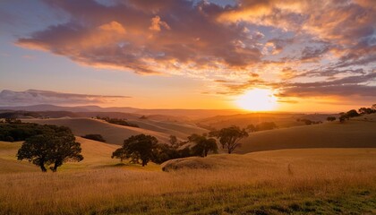 an orange sunset illuminates serene natural landscape containing rolling hills trees and fluffy clouds invoking feelings of freedom and tranquility ultra hd 8k