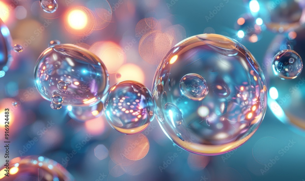 Poster dynamic 3d rendering illustration of sphere glass with rainbow colorful reflections composition.