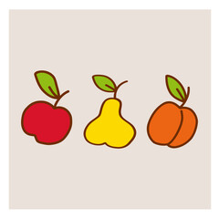 Three colorful fruits including an apple, pear, and peach on a neutral background