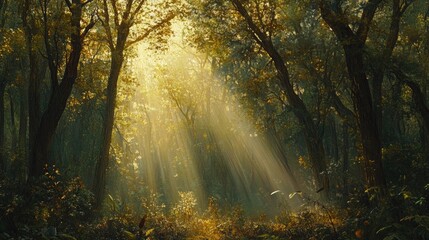 A dense forest panorama bathed in golden sunbeams filtering through the trees, creating a serene, mystical atmosphere