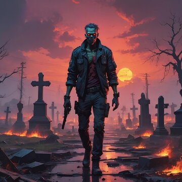 Inferno's Return: Zombie Stalking a Burnt Cemetery Under a Fiery Sky