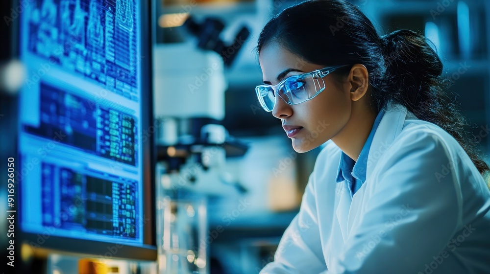 Poster female scientist studying data on a computer screen