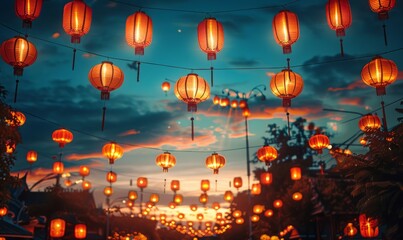 Obraz premium Low angle view of illuminated lanterns against sky at night