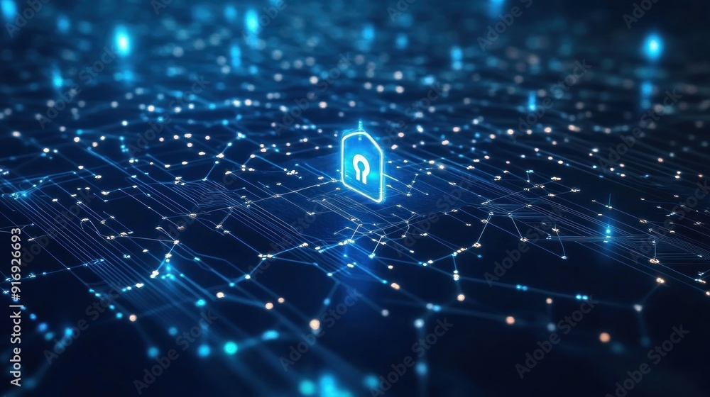 Poster cyber security lock icon on abstract circuit board