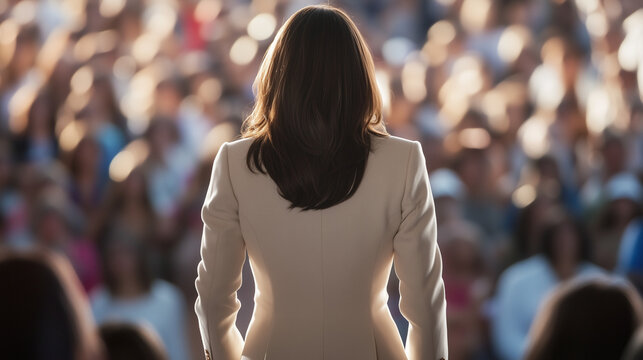 female president wearing cream pantsuit from behind looking over crowd of american supporters - Powered by Adobe