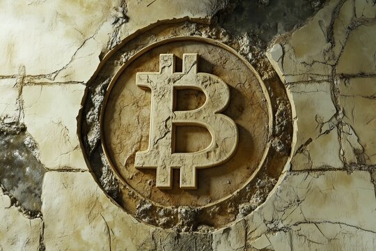 big majestic bitcoin symbol carved in natural colored stone, monument dedicated to the financial freedom as pilgrim&acute;s place	