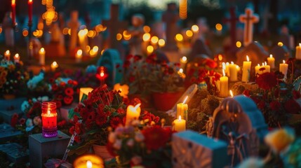 Candles and Flowers at Cemetery