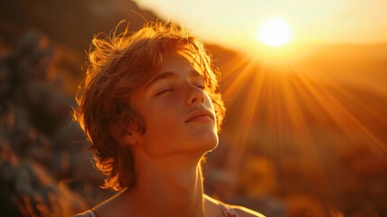 Naklejka premium Backlit portrait of calm kind face of a young man against the backdrop of low mountains and sunlight. The concept of mental health.