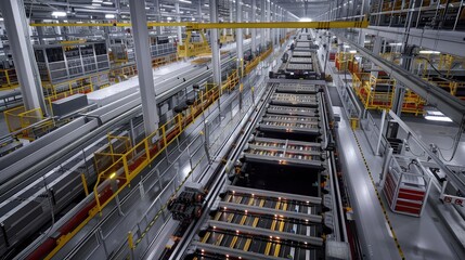 Fototapeta premium A large-scale assembly line producing electric vehicle batteries, showing the vast layout of the factory and the coordinated movement of materials.