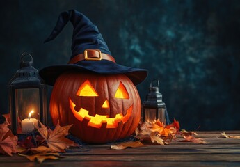 Naklejka premium Halloween pumpkins with glowing faces and witch hat on wooden table against dark background with lanterns and autumn leaves
