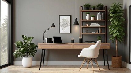 living room interior, modern living room, work from home, remote work,modern home office setup with a sleek laptop on a wooden desk, 