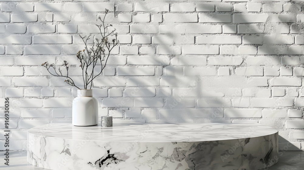 Canvas Prints Marble podium placed on bathroom table in front of white brick wall