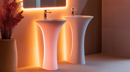 Modern bathroom with two pedestal sinks and warm lighting.