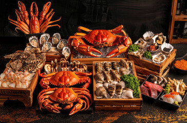 A lavish display of various types and sizes of seafood, including crabs, oysters, mussels, clams, scampi, lobster meat, and sliced swordfish.