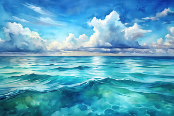 Fototapeta premium Vibrant seascape with crystal clear blue waters and fluffy white clouds under a bright sunny sky, painting a serene and tranquil scene.