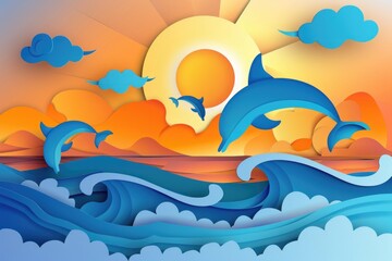 Paper-cut style illustration featuring dolphins jumping over waves at sunset, with colorful clouds and a large sun, capturing a joyful and dynamic scene. ai
