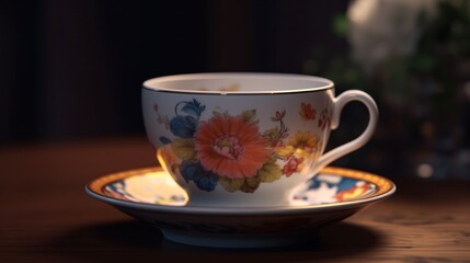 Fototapeta premium Floral Teacup on a Wooden Table