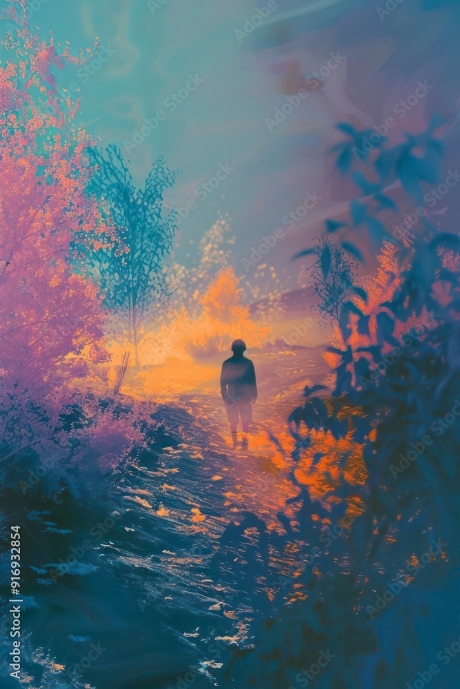 Wall mural stylized generative landscape background with noisy surface and deep colors