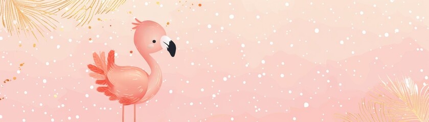 Naklejka premium Pink flamingo on a light pink background with golden palm leaves and white confetti. Whimsical and festive scene. ai