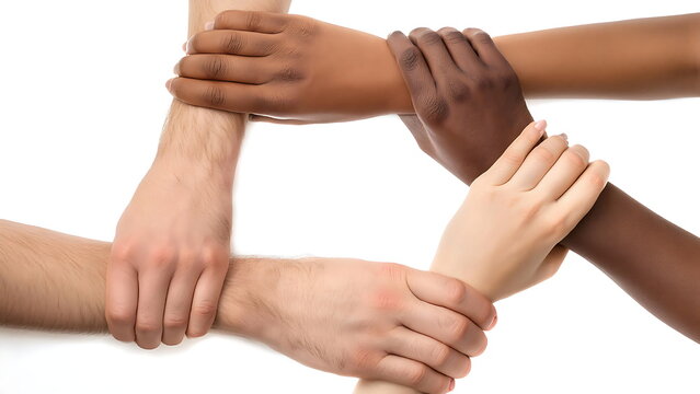 Four Diverse Hands Interlocked in a Square Formation