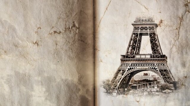 Eiffel Tower in Paris smoothly appears on old, grunge paper with time lapse of sky with clouds. Creative, combined 3D 4K parallax video of high quality. Template for a postcard or historical video.