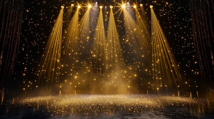 Golden stage opening glitters with sunlight. Generative Ai