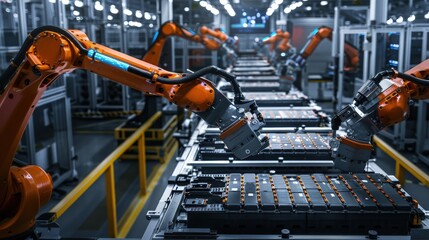 An assembly line with robotic arms that handle and position electric vehicle battery cells into casings, under bright industrial lighting.