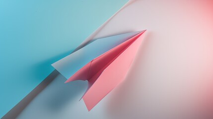paper plane, top view, empty studio background. Professional light with blue and pink rim lights