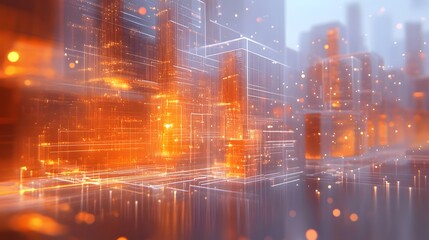 Futuristic Digital Cityscape with Orange Glow Lines and Cubes, 3D Rendered Concept for Technology, Data Science, AI