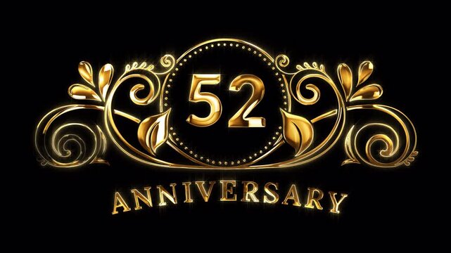 52nd Anniversary Celebration. Happy 52 Years Anniversary Animation in Gold Color on the Transparent Background, Alpha Channel. Great for greetings, celebrations, events, and gifts.