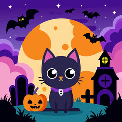 Fototapeta premium Happy Halloween square banner background with a violet fog cloud and a Cute black cat.