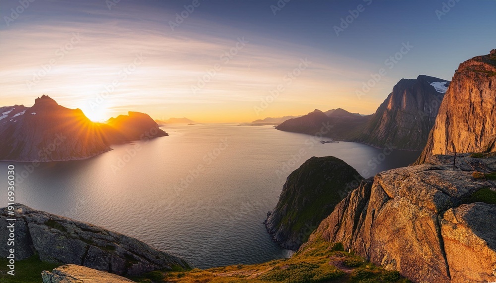 Sticker epic landscape overlooking amazing fjords with rocky mountainous shores at sunset nature landscape w