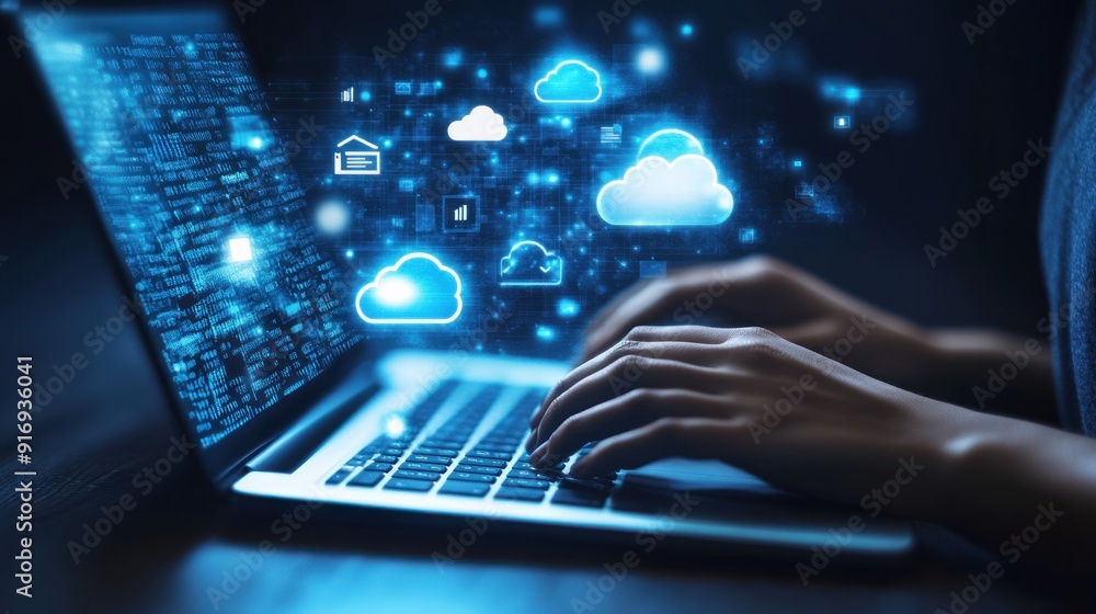 Poster hands typing on laptop with cloud computing icons